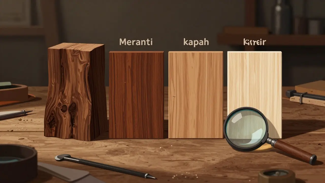Perbandingan visual kayu ulin, meranti merah, dan kapur di bengkel kayu, dengan alat-alat dan tekstur serat yang terlihat jelas.