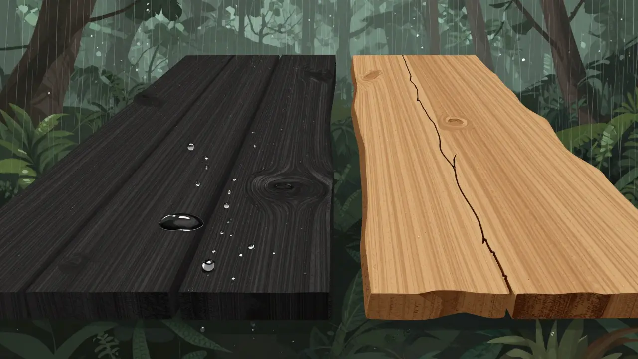 Perbandingan visual kayu ulin tahan air dan bengkirai yang sedikit melengkung karena kelembapan.