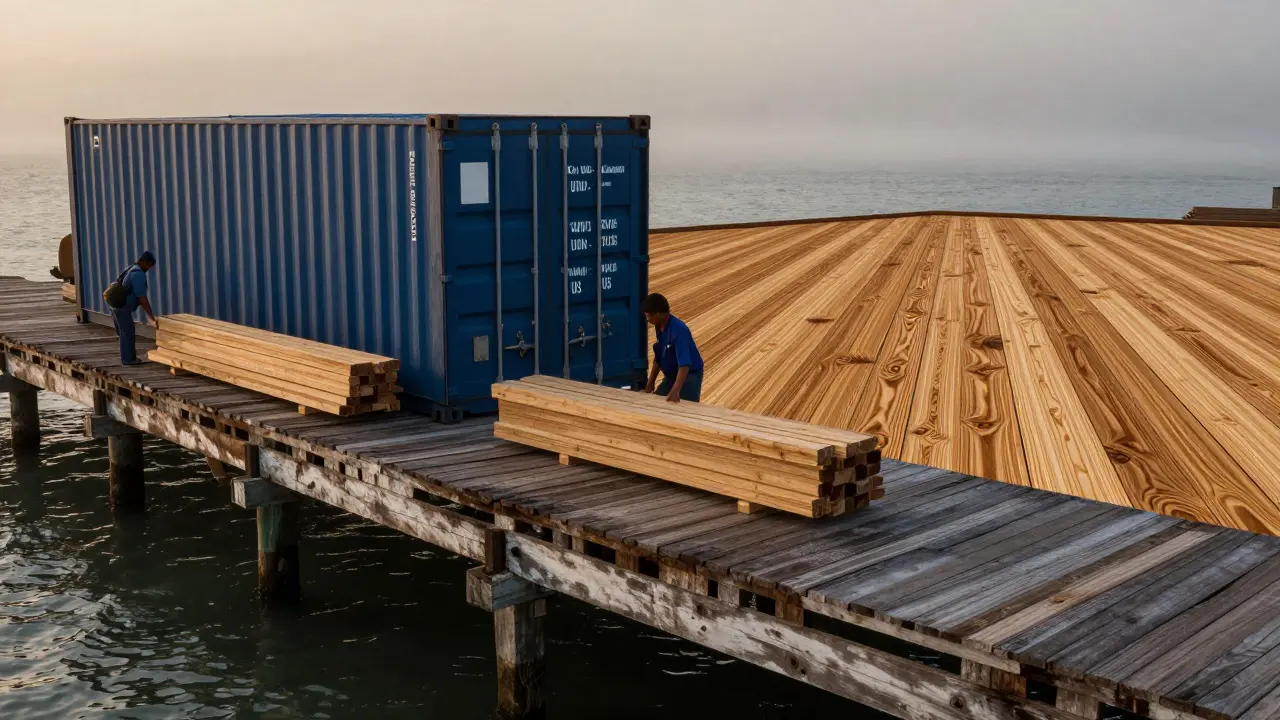 Peti kayu ulin dari Kalimantan dibongkar di dermaga AS, dengan dermaga tua dari kayu ulin yang masih utuh.