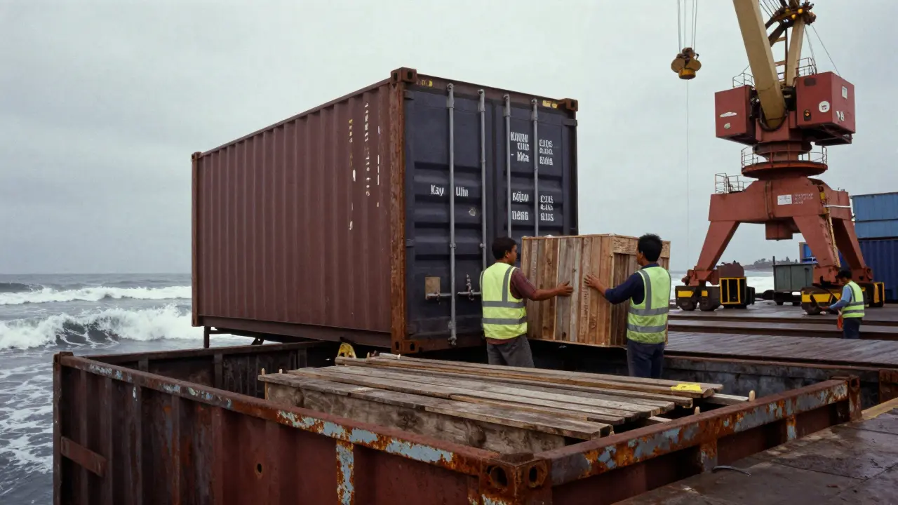 Petugas membongkar kontainer kayu ulin dari Kalimantan di pelabuhan Jakarta dengan crane di latar belakang.