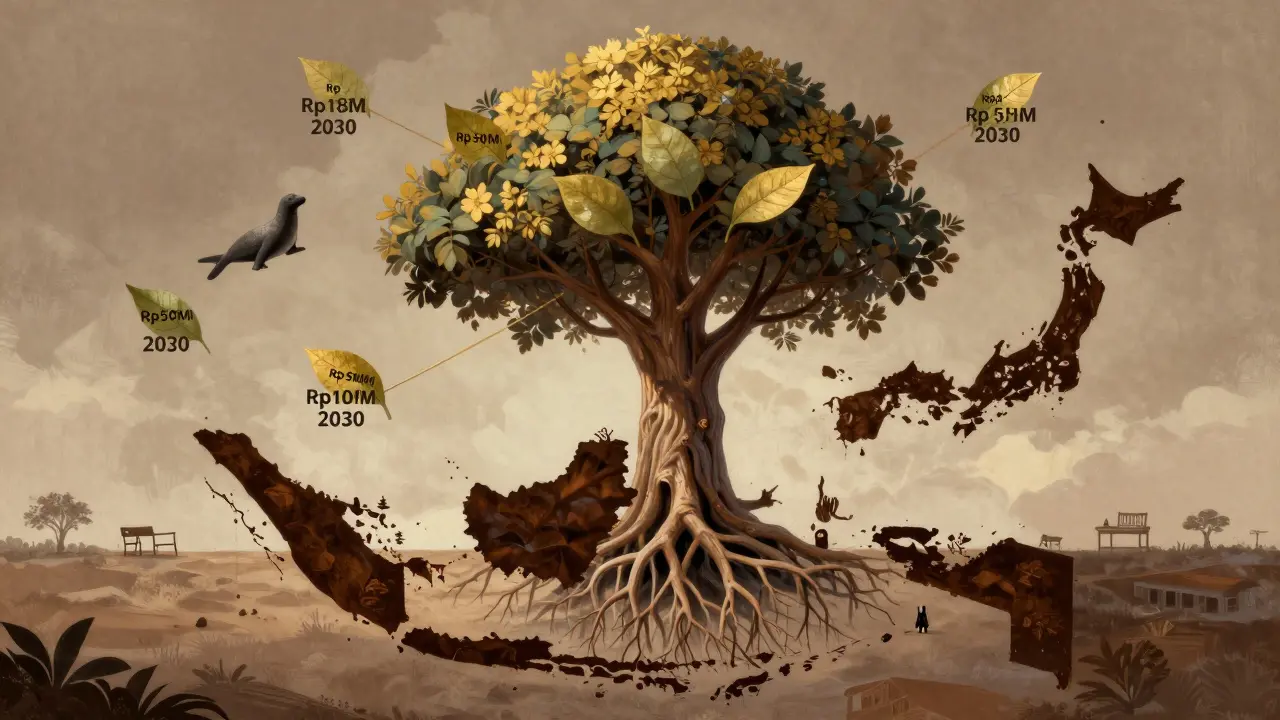 Pohon sonokeling berbentuk grafik harga naik, akarnya di Indonesia dan cabangnya menuju Jepang dan Singapura, simbol kelangkaan dan permintaan global.