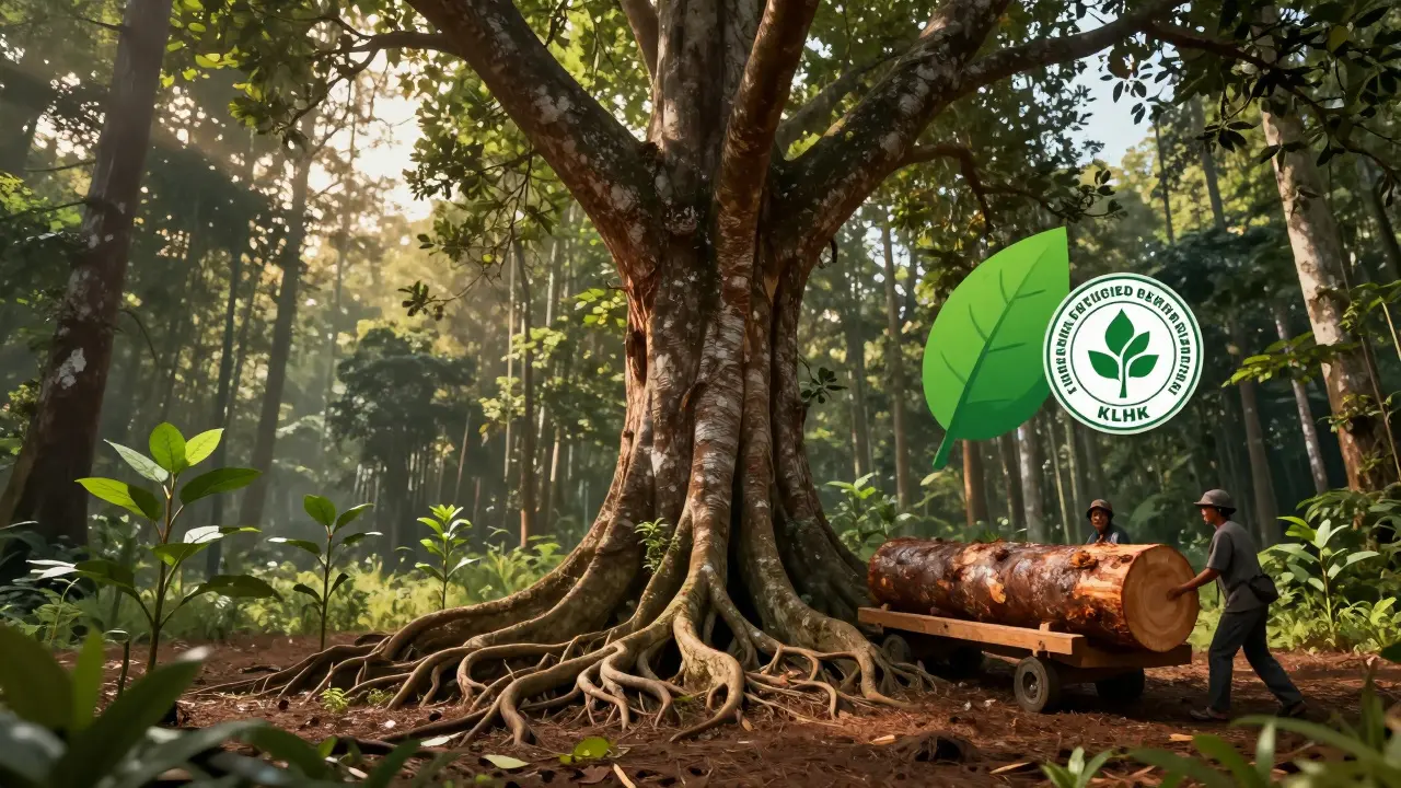 Pohon ulin tua di hutan Kalimantan dengan anak pohon di sekitarnya, simbol keberlanjutan dan sertifikat lingkungan resmi.