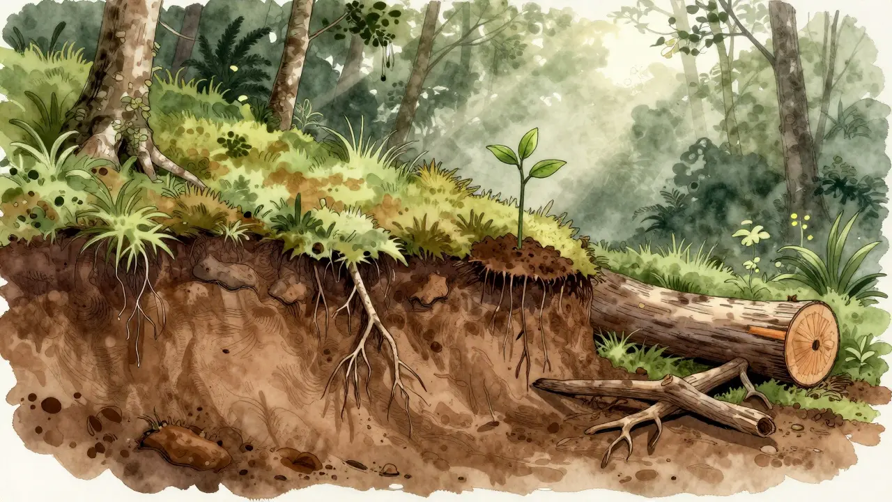 Potongan kayu bangkirai di tanah berhumus tebal dengan pohon muda tumbuh di dekat batang yang jatuh, di tengah hutan alami.