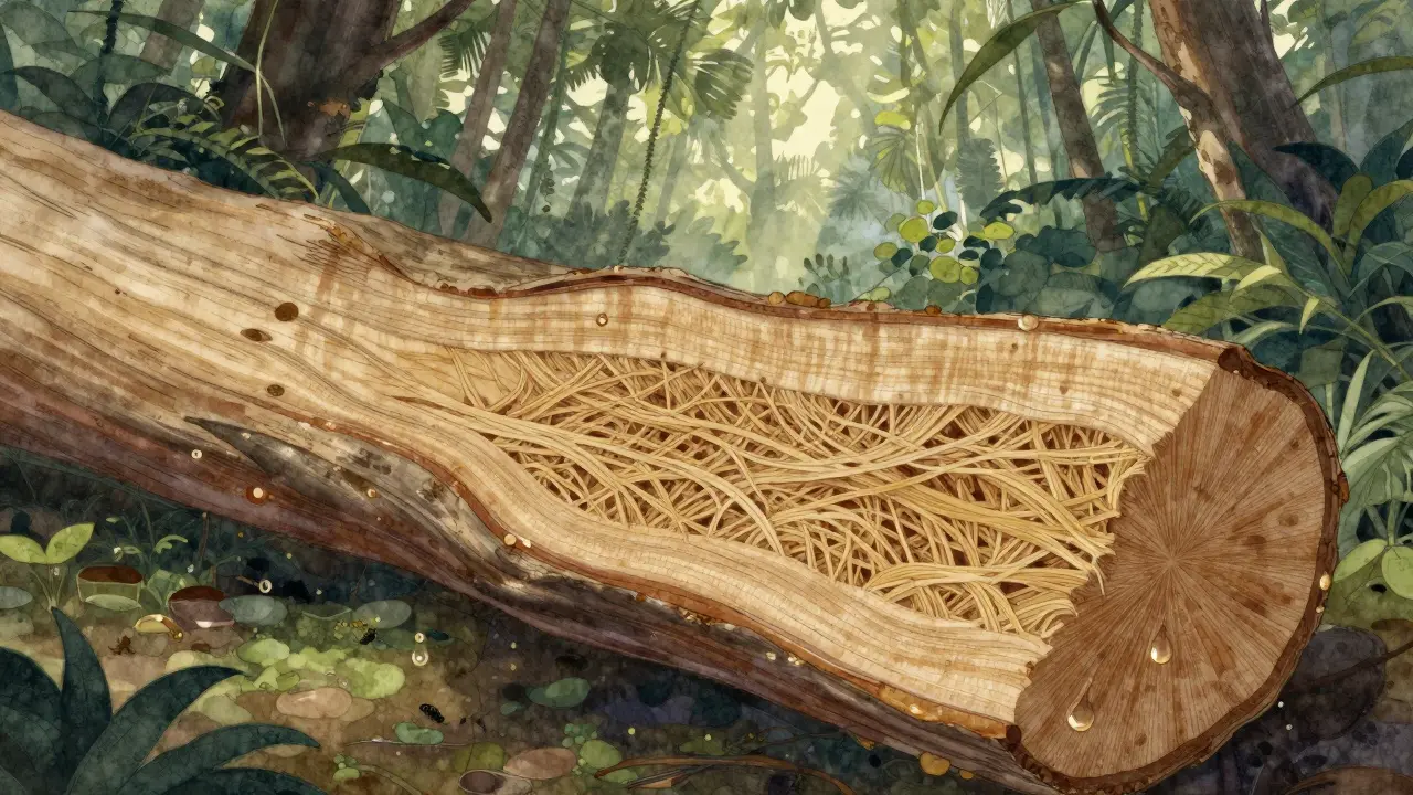 Potongan melintang kayu bengkirai menunjukkan serat padat dan minyak alami yang melindungi dari rayap dan kelembapan.