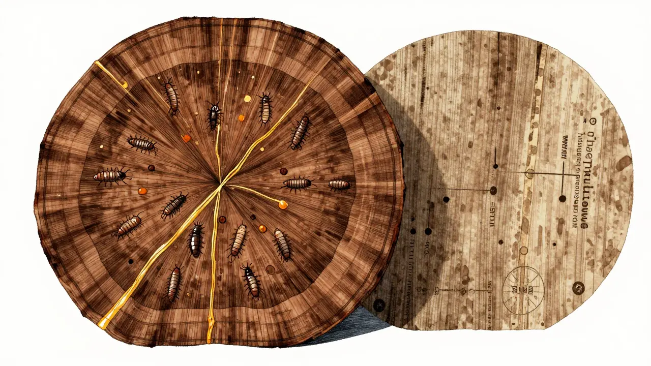 Potongan melintang kayu ulin asli dengan minyak alami dan serat padat, rayap mati di dekat senyawa racun.