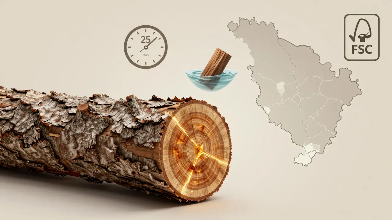 Potongan melintang kayu ulin dengan serat padat dan minyak alami, dibandingkan dengan simbol ketahanan dan sertifikasi keberlanjutan.