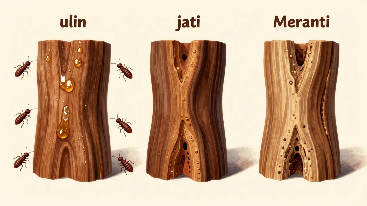 Potongan silang kayu ulin, jati, dan meranti, menunjukkan kepadatan dan ketahanan alami ulin terhadap serangga.