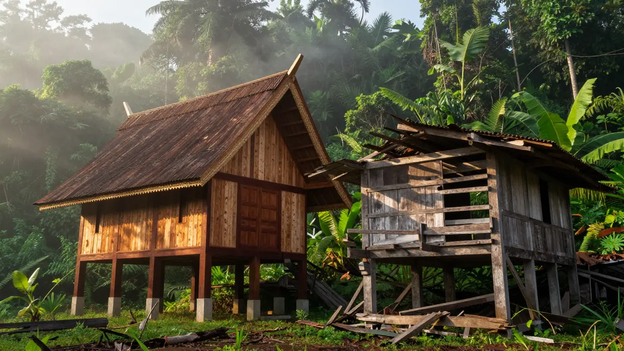 Rumah panggung kayu ulin utuh di hutan, dibandingkan dengan bangunan imitasi yang hancur dimakan rayap.