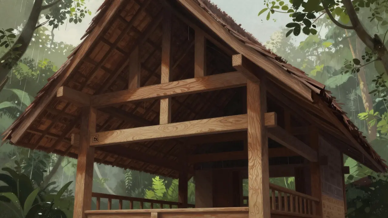 Rumah tradisional Indonesia dengan rangka atap dari kayu bengkirai, dikelilingi hutan hujan tropis dan cahaya matahari tembus.