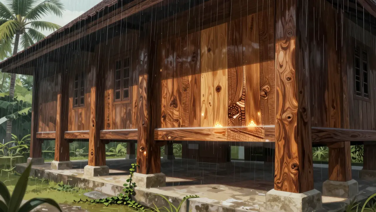 Rumah tradisional Kalimantan dengan tiang kayu ulin gurun yang kokoh, tahan terhadap panas dan hujan tropis.