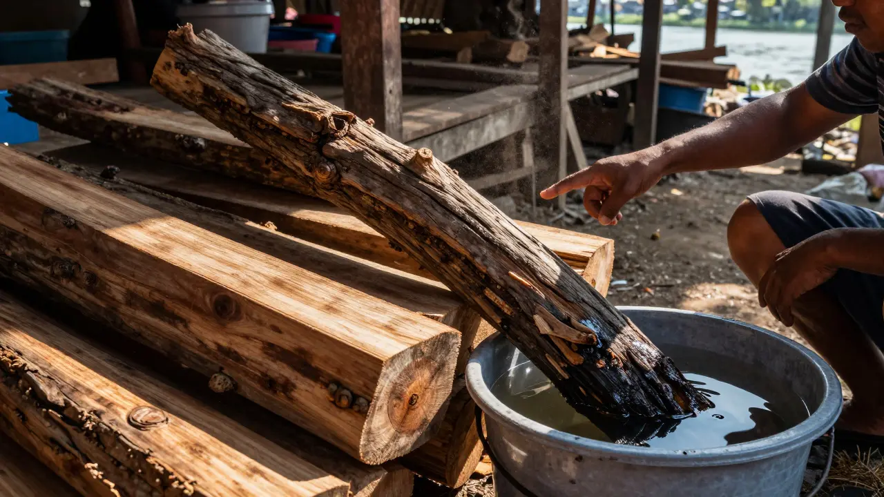 Sebatang kayu ulin gurun tenggelam di air, dibandingkan dengan kayu lain yang mengapung di pasar tradisional Kalimantan.