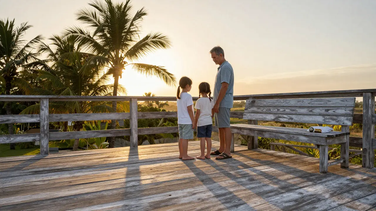 Teras kayu ulin tua dengan keluarga di sore hari, warna kayu berubah keabu-abuan tapi tetap utuh.