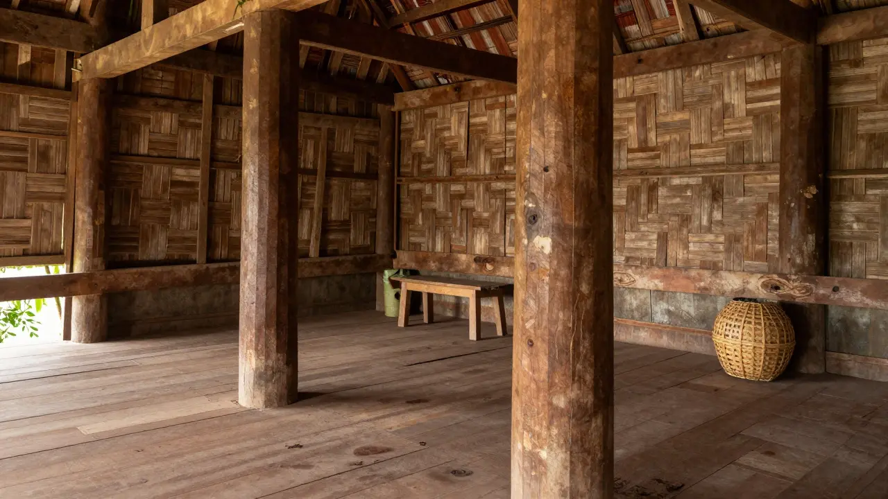 Tiang penyangga rumah panggung tradisional Kalimantan dari kayu ulin, tanpa tanda kerusakan akibat kelembapan.