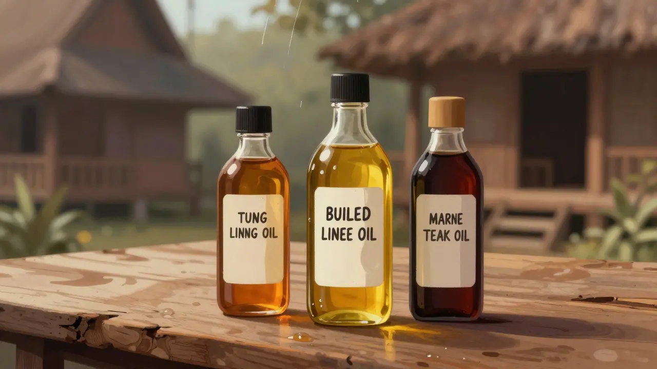 Tiga jenis minyak kayu diletakkan di atas permukaan kayu ulin, melambangkan perlindungan terhadap cuaca.