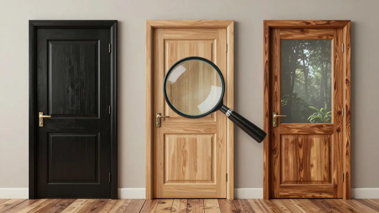 Tiga jenis pintu kayu berdampingan: imitasi, standar, dan premium, dengan kaca dan tekstur serat kayu yang terlihat jelas.