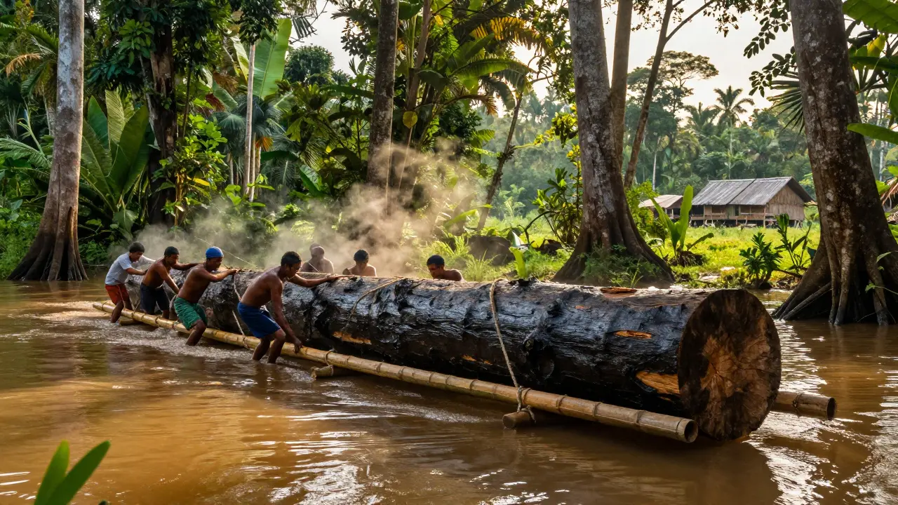 Tim pekerja menarik batang kayu ulin berat 8 ton melalui rawa dengan tali dan perahu tradisional di Kalimantan.
