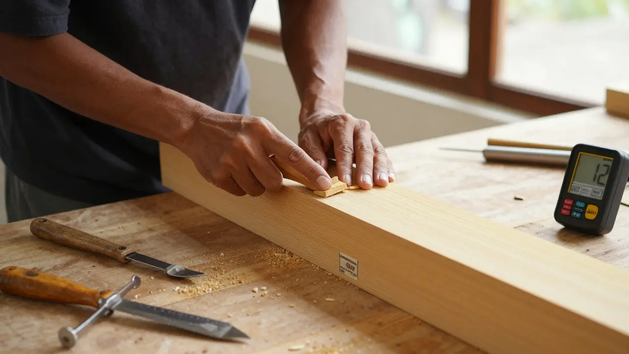 Tukang kayu sedang mengamplas balok kayu bengkirai dengan sertifikat SNI terlihat, alat-alat kerja tersusun rapi di latar belakang.