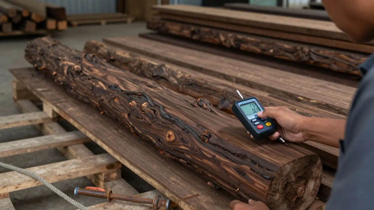 Tumpukan kayu ulin kering di gudang Samarinda, dengan tangan memeriksa kadar air.